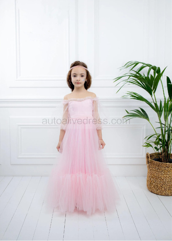 Off Shoulder Pink Tulle Flower Girl Dress Birthday Party Dress